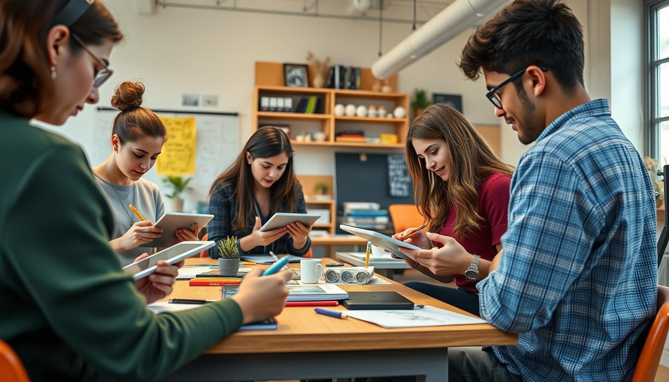 Students studying together in modern classroom